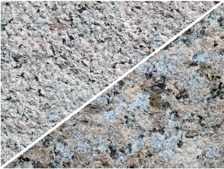 Grefensyenitt (fra venstre)og drammensgranitt. Foto: Tom Andersen