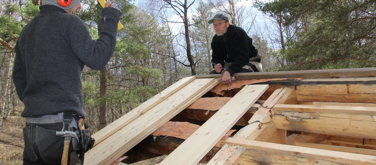Åsene er lektet opp og raftet hugget noe ned for å gi bordene jevnt underlag. 