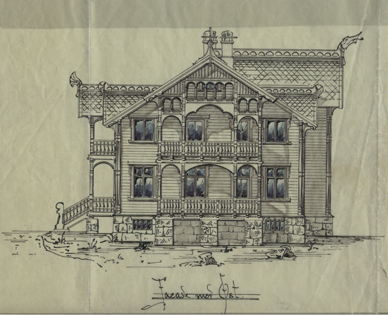 Originaltegning av våningshuset i Vestsjøberget i Trysil, av Ludvig Zapffe. 