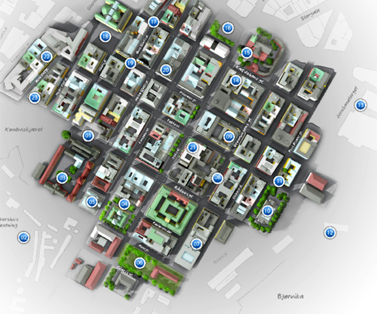 Kart over Kvadraturen i Oslo. Ill: Byantikvaren i Oslo og Oslo Museum