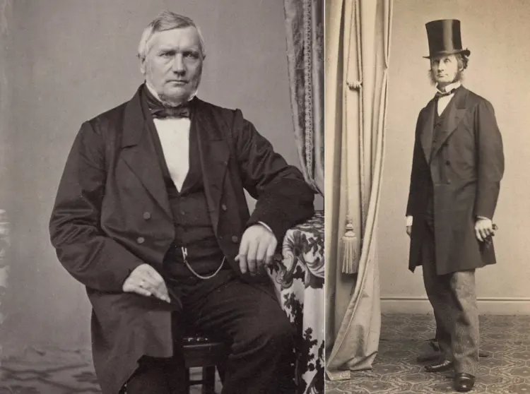 Mennene bak Seilduksfabrikken, Grosserer Ole Mathæus Hauge (t.v) og rittmester Thorvald Meyer. Med i etableringen var også verftseier Martinius Christian Brinch og og kaptein Henry Heyerdahl. Foto: Claus Peder Knudsen/Oslo museum