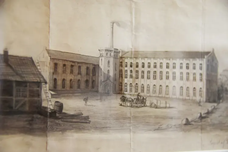 Christiania Seildugsfabrik. Lavert blyanttegning av Dahler antatt fra ca. midten av 1800-tallet. Oslo Museum.
