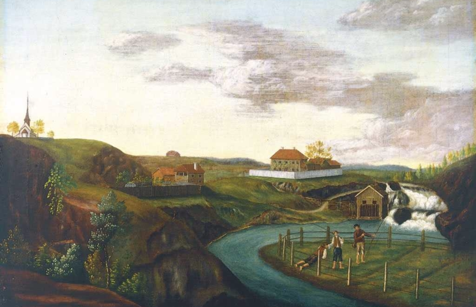 Schultzehaugen. Oversikt fra området ved Øvre Foss, til venstre Aker kirke (fra 1000-tallet), Øvre- og Nedre Schultzehaugen gård – og Haugen sag. Illustrasjon: Malt av ukjent kunstner antatt i begynnelsen av 1800-tallet, Oslo Museum