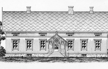 Tandbergs forslag til gårdshus, 11 x 21 meter i grunnflate. Huset har kun en full etasje og det var meningen at man kunne innrede kvistværelsene. I loftsetasjen om nødvendig. Midt på fasaden er det dør ut fra dagligstue til en liten veranda. Dersom kjelleren skulle innredes til bryggerhus, anbefalte Tandberg å legge nedgang med bilsag til den ene kortveggen ved kjøkkeninngangen. Tegninger fra fra boka «Kortfattet veiledning i Bygningsvæsen paa Landet», G. Tandberg 1890.