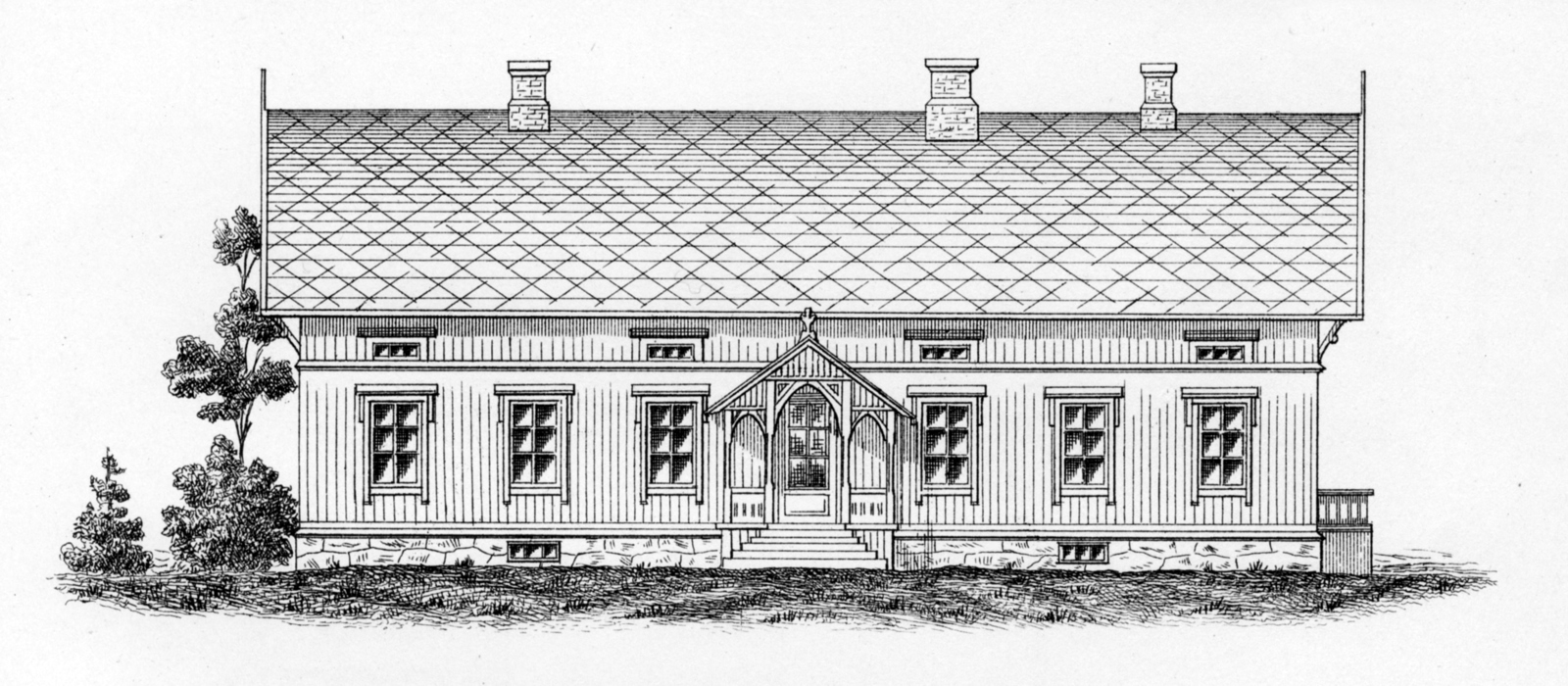 Tandbergs forslag til gårdshus, 11 x 21 meter i grunnflate. Huset har kun en full etasje og det var meningen at man kunne innrede kvistværelsene. I loftsetasjen om nødvendig. Midt på fasaden er det dør ut fra dagligstue til en liten veranda. Dersom kjelleren skulle innredes til bryggerhus, anbefalte Tandberg å legge nedgang med bilsag til den ene kortveggen ved kjøkkeninngangen. Tegninger fra fra boka «Kortfattet veiledning i Bygningsvæsen paa Landet», G. Tandberg 1890.